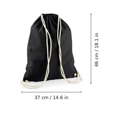Musta puuvillainen kiristysnauhakassi omalla painatuksella, 140 g/m², 37 × 46 cm, mittakuvassa leveys ja korkeus