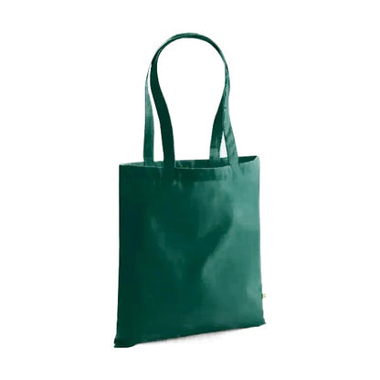 Bottle green heavyweight organic cotton tote bag with long handles and custom logo print, 340 g/m², 38 × 42 cm