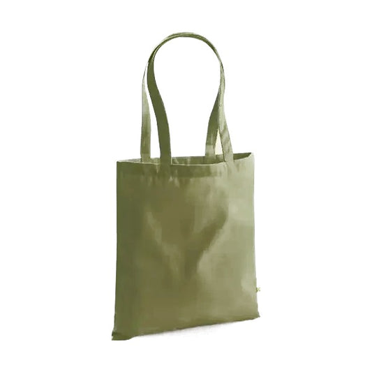 Kirkas oliivinvihreä paksu luomupuuvillainen kangaskassi pitkillä kahvoilla ja omalla logopainatuksella, 340 g/m², 38 × 42 cm