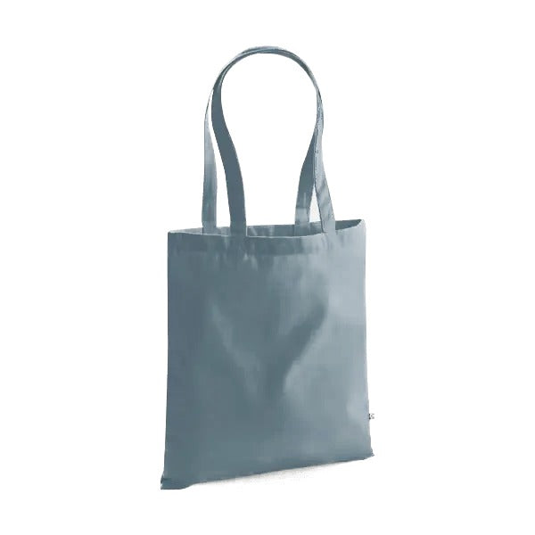 Bolsa de tela de algodón orgánico de alto gramaje azul apagado con asas largas y logotipo estampado personalizado, 340 g/m², 38 × 42 cm