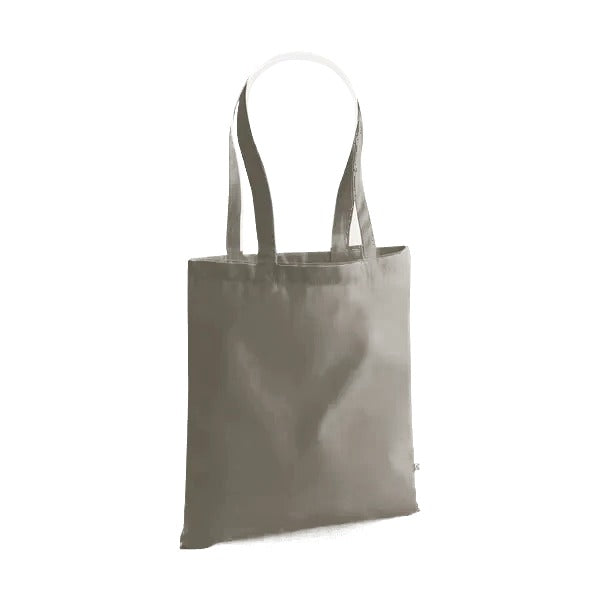 Mushroom beige heavyweight organic cotton tote bag with long handles and custom logo print, 340 g/m², 38 × 42 cm