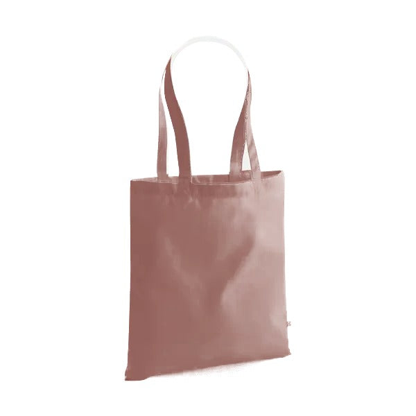 Rosenrosa kraftig tygkasse i ekologisk bomull med långa handtag och eget logotryck, 340 g/m², 38 × 42 cm