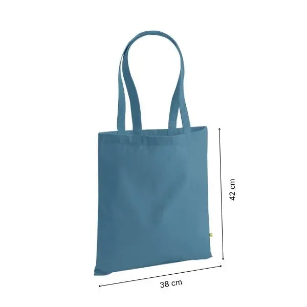 Tote bag in cotone biologico pesante blu grigiastro con stampa personalizzata, 38 × 42 cm, con indicazioni di altezza e larghezza