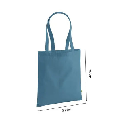 Tote bag in cotone biologico pesante blu grigiastro con stampa personalizzata, 38 × 42 cm, con indicazioni di altezza e larghezza