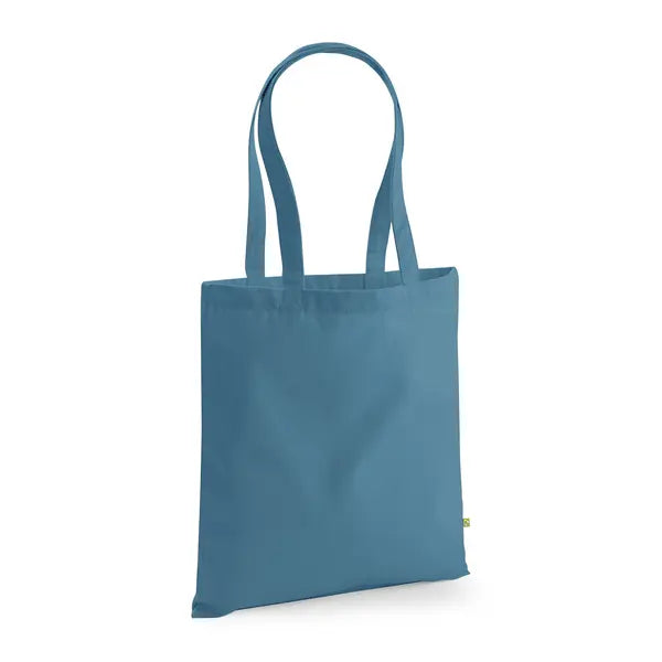 Borsa in tela di cotone bio pesante blu avio con manici lunghi e stampa del logo personalizzata, 340 g/m², 38 × 42 cm