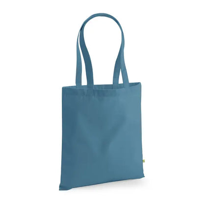 Borsa in tela di cotone bio pesante blu avio con manici lunghi e stampa del logo personalizzata, 340 g/m², 38 × 42 cm