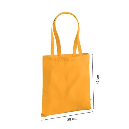 Ravgul kraftig mulepose i økologisk bomuldskanvas med eget tryk, 38 × 42 cm, med højde- og breddemål markeret