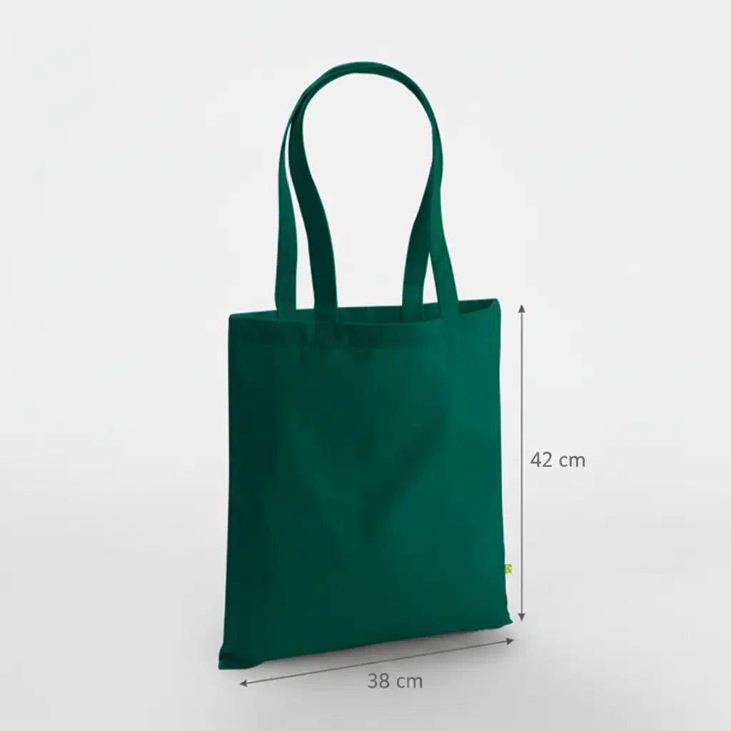 Bottle green heavyweight organic cotton canvas tote bag with custom print, 38 × 42 cm, shown with height and width measurement markings