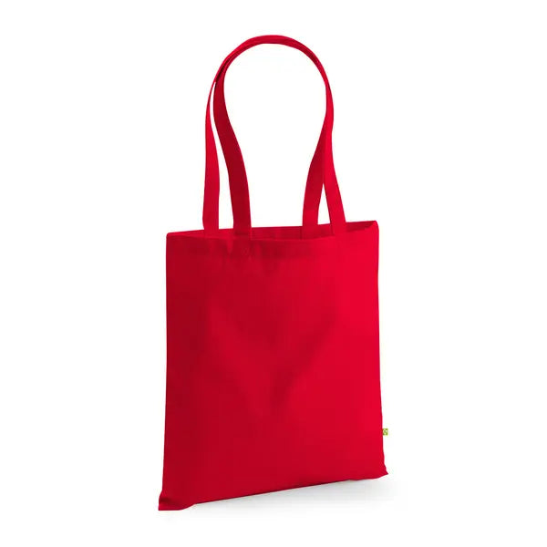 Schwerer Jutebeutel aus Bio-Baumwolle in klassischem Rot mit langen Henkeln und individuellem Logodruck, 340 g/m², 38 × 42 cm