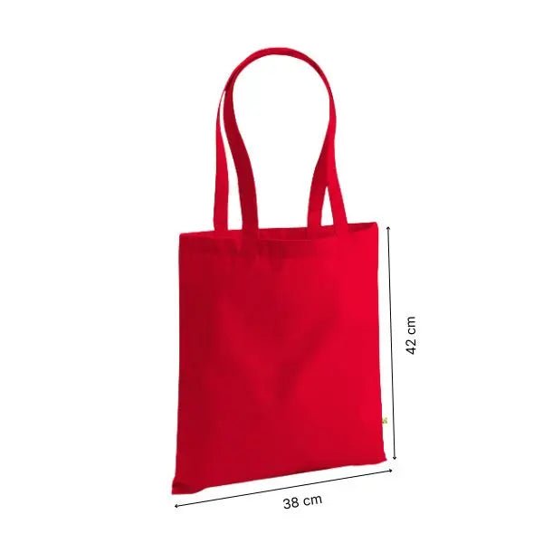 Schwerer Bio-Stoffbeutel aus Baumwoll-Canvas in klassischem Rot mit individuellem Druck, 38 × 42 cm, mit Höhen- und Breitenmaßen