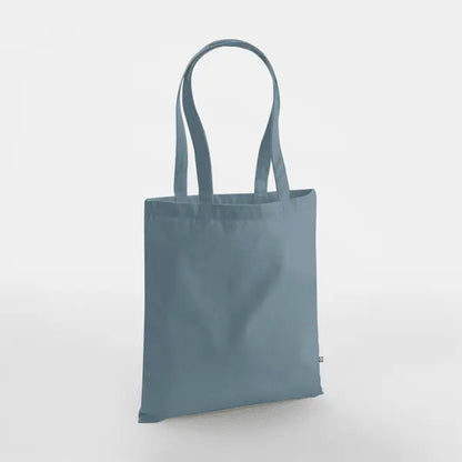 Bolsa de tela de algodón orgánico de alto gramaje azul apagado con asas largas y logotipo estampado personalizado, 340 g/m², 38 × 42 cm