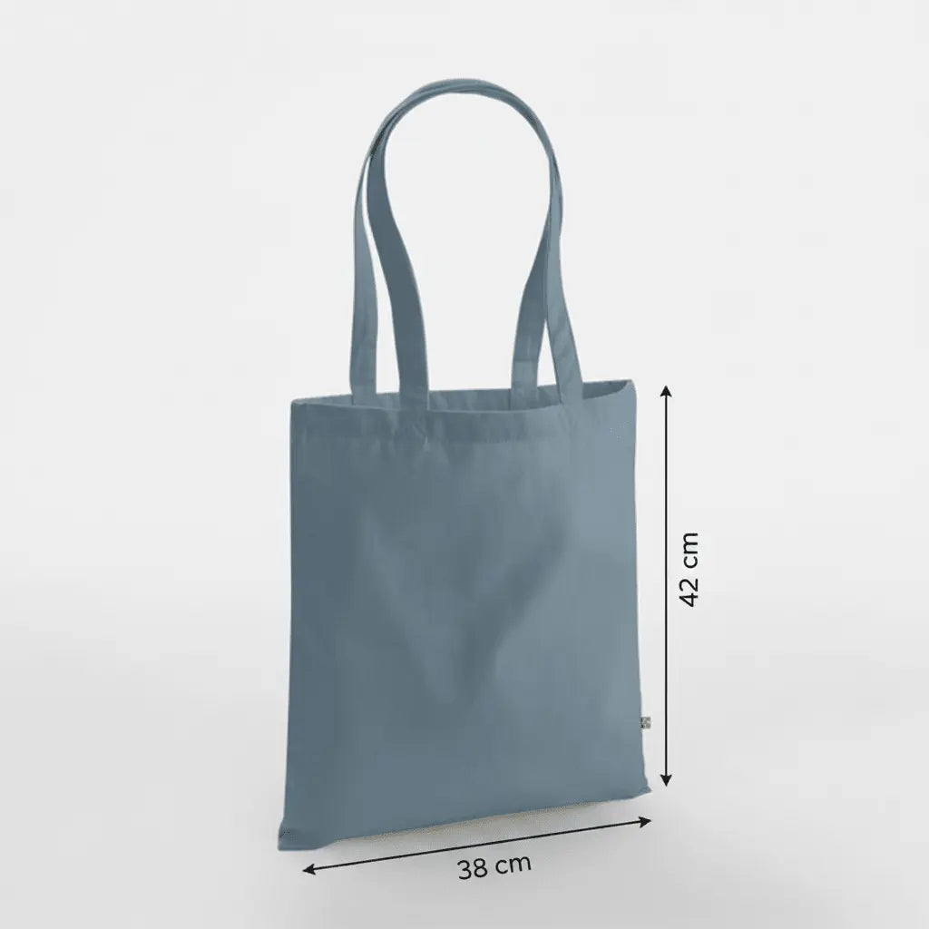 Bolsa de lona de algodón orgánico de alto gramaje azul apagado con estampado personalizado, 38 × 42 cm, con marcas de altura y anchura