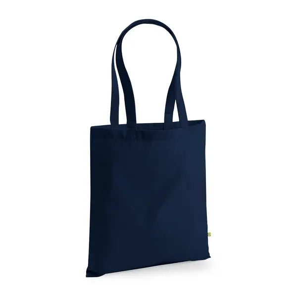 French navy blue heavyweight organic cotton tote bag with long handles and custom logo print, 340 g/m², 38 × 42 cm