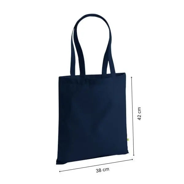 French navy blue heavyweight organic cotton canvas tote bag with custom print, 38 × 42 cm, shown with height and width measurement markings
