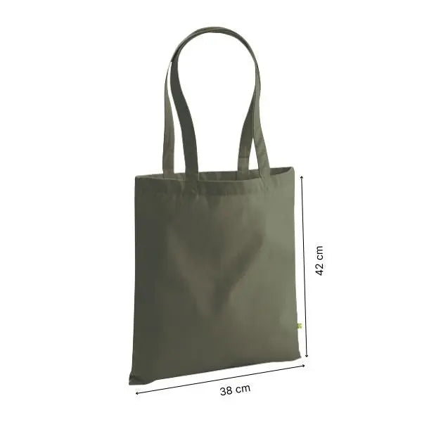 Olivengrøn kraftig mulepose i økologisk bomuldskanvas med eget tryk, 38 × 42 cm, med højde- og breddemål markeret