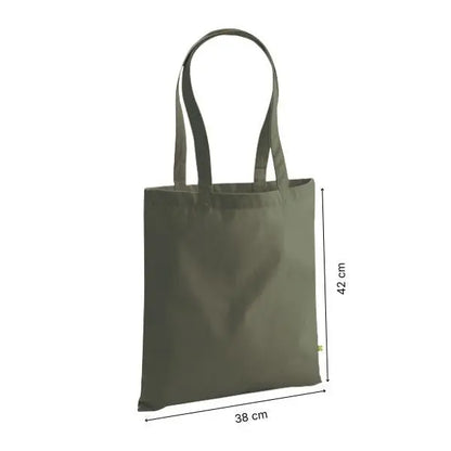 Olivengrøn kraftig mulepose i økologisk bomuldskanvas med eget tryk, 38 × 42 cm, med højde- og breddemål markeret