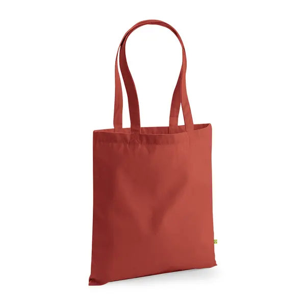 Rust orange heavyweight organic cotton tote bag with long handles and custom logo print, 340 g/m², 38 × 42 cm