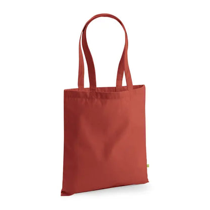 Rust orange heavyweight organic cotton tote bag with long handles and custom logo print, 340 g/m², 38 × 42 cm