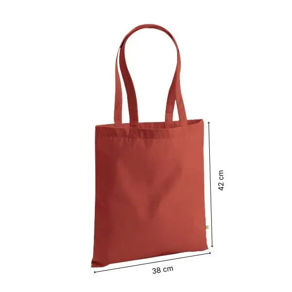 Rust orange heavyweight organic cotton canvas tote bag with custom print, 38 × 42 cm, shown with height and width measurement markings