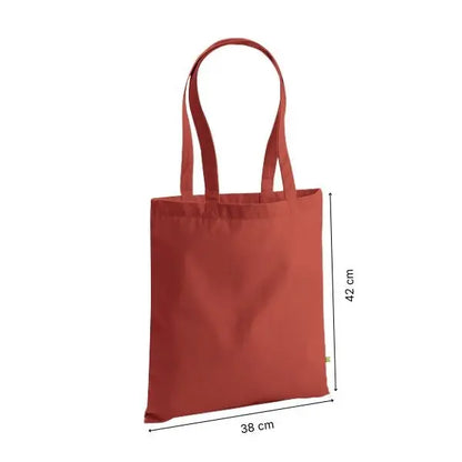Rust orange heavyweight organic cotton canvas tote bag with custom print, 38 × 42 cm, shown with height and width measurement markings