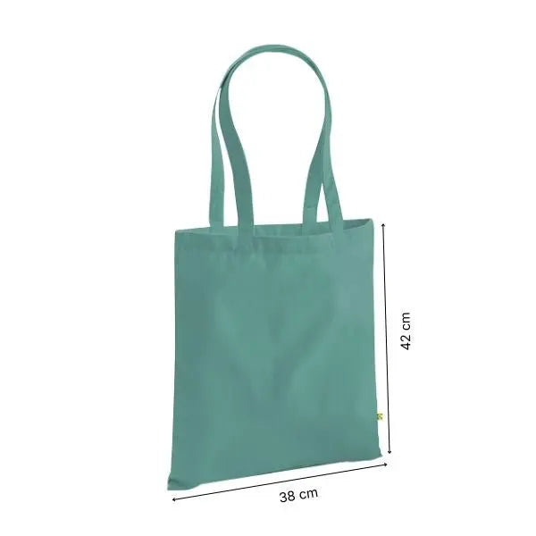 Tote bag épais en coton bio vert sauge avec impression personnalisée, 38 × 42 cm, avec repères de hauteur et de largeur