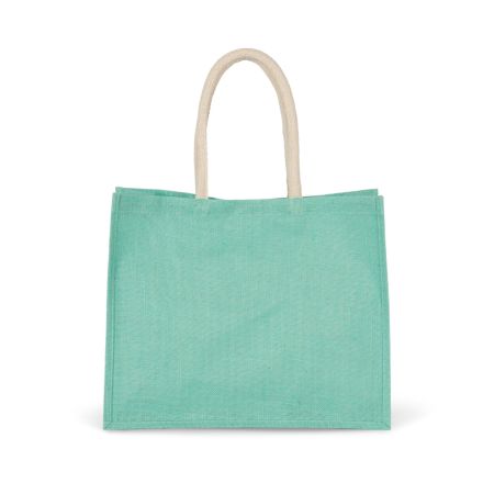 Nahaufnahme einer eisminzgrünen Jute-Strandtasche, 330 g/m²