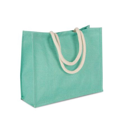 Jute-Strandtasche in Eisminzgrün mit individuellem Druck, 42 × 35 cm, 330 g/m², Baumwollhenkel