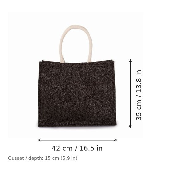 Sort og sølv jute-strandtaske med eget tryk, 330 g/m², 42 × 35 cm med 15 cm kile, vist med mål for bredde og højde