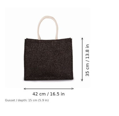 Sort og sølv jute-strandtaske med eget tryk, 330 g/m², 42 × 35 cm med 15 cm kile, vist med mål for bredde og højde