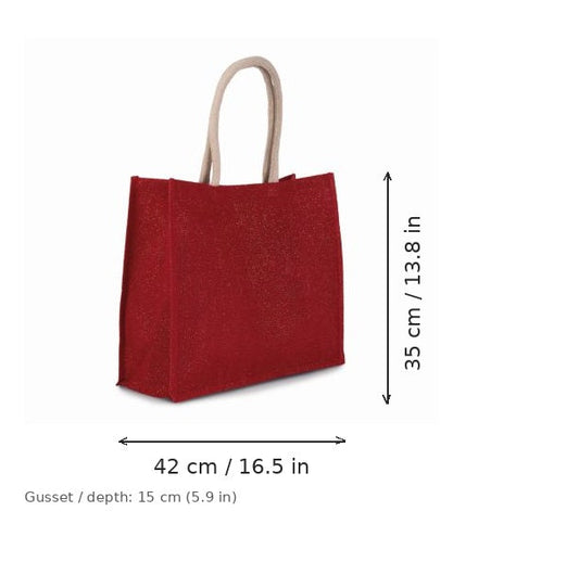 Kirsikanpunainen ja kulta juuttinen rantalaukku omalla painatuksella, 330 g/m², 42 × 35 cm ja 15 cm:n levike, mittakuvassa leveys ja korkeus