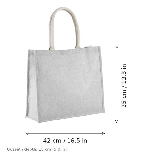 Viileän harmaa juuttinen rantalaukku omalla painatuksella, 330 g/m², 42 × 35 cm ja 15 cm:n levike, mittakuvassa leveys ja korkeus