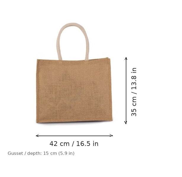 Ekrü ja kulta juuttinen rantalaukku omalla painatuksella, 330 g/m², 42 × 35 cm ja 15 cm:n levike, mittakuvassa leveys ja korkeus