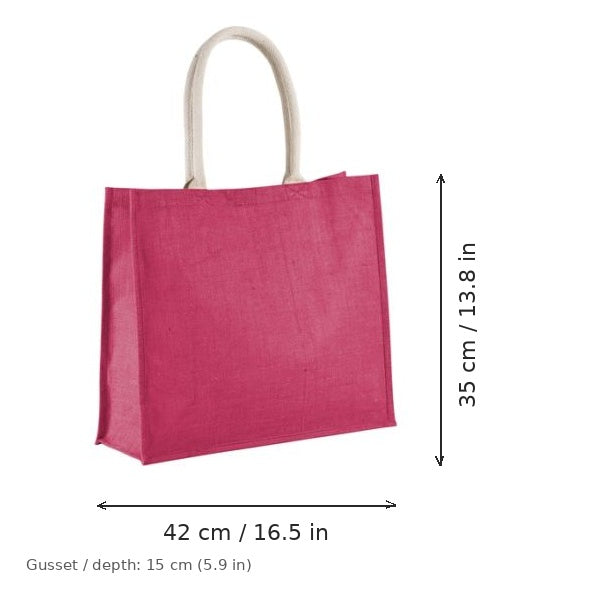 Fuchsiarosa strandväska i jute med eget tryck, 330 g/m², 42 × 35 cm med 15 cm kil, med mått för bredd och höjd
