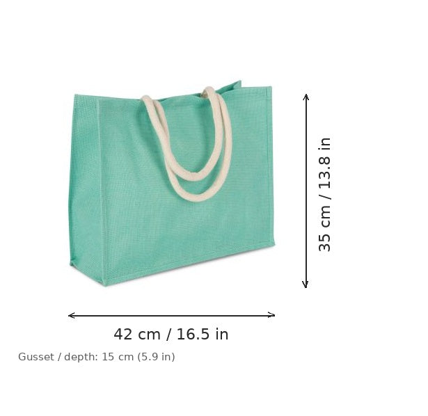 Eisminzgrüne Jute-Strandtasche mit individuellem Druck, 330 g/m², 42 × 35 cm mit 15 cm Bodenfalte, mit Maßangaben für Breite und Höhe
