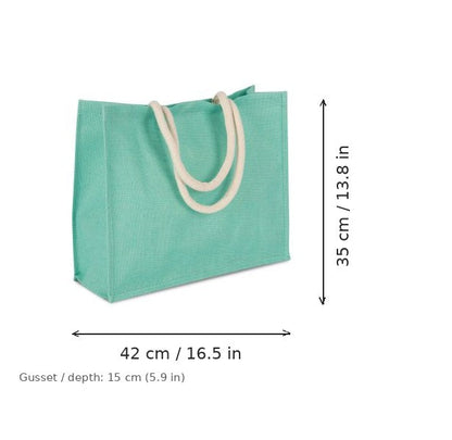 Eisminzgrüne Jute-Strandtasche mit individuellem Druck, 330 g/m², 42 × 35 cm mit 15 cm Bodenfalte, mit Maßangaben für Breite und Höhe