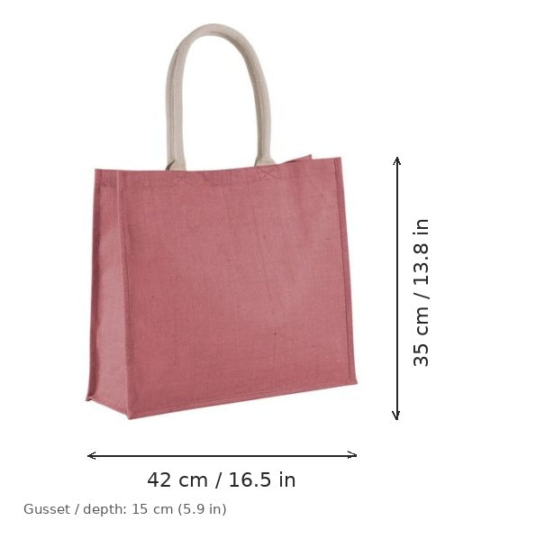 Vaalea marsalanpunainen juuttinen rantalaukku omalla painatuksella, 330 g/m², 42 × 35 cm ja 15 cm:n levike, mittakuvassa leveys ja korkeus