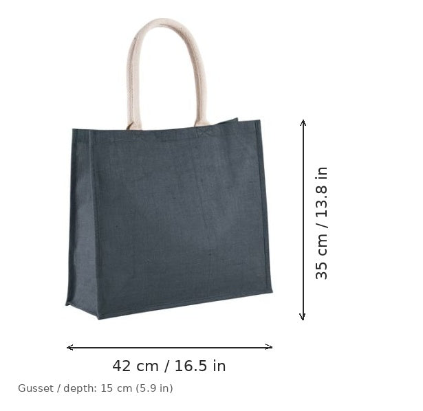 Keskiyönsininen juuttinen rantalaukku omalla painatuksella, 330 g/m², 42 × 35 cm ja 15 cm:n levike, mittakuvassa leveys ja korkeus