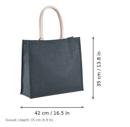 Keskiyönsininen juuttinen rantalaukku omalla painatuksella, 330 g/m², 42 × 35 cm ja 15 cm:n levike, mittakuvassa leveys ja korkeus