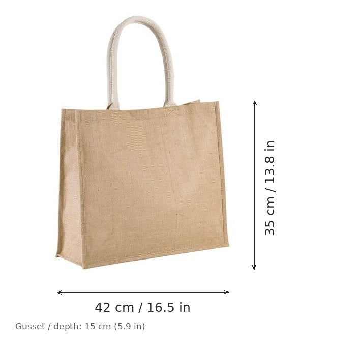 Ecrufarbene Jute-Strandtasche mit individuellem Druck, 330 g/m², 42 × 35 cm mit 15 cm Bodenfalte, mit Maßangaben für Breite und Höhe