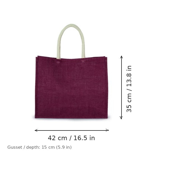 Helle rosenholz-burgunderrote Jute-Strandtasche mit individuellem Druck, 330 g/m², 42 × 35 cm mit 15 cm Bodenfalte, mit Maßangaben für Breite und Höhe
