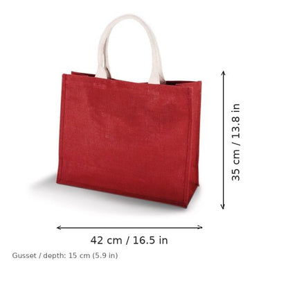 Sac de plage en jute rouge vin avec impression personnalisée, 330 g/m², 42 × 35 cm avec soufflet de 15 cm, avec dimensions de largeur et de hauteur