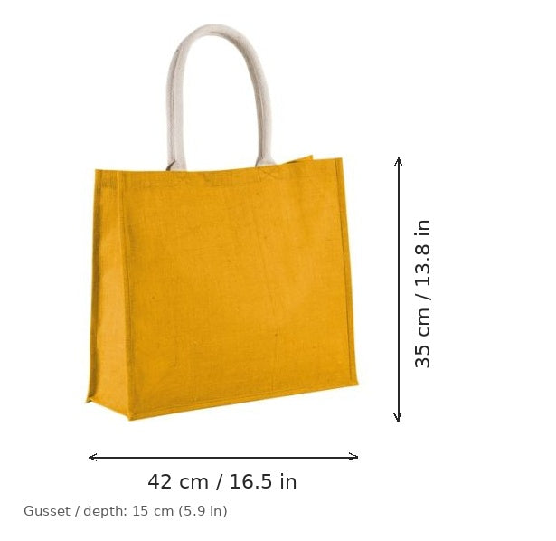 Keltainen juuttinen rantalaukku omalla painatuksella, 330 g/m², 42 × 35 cm ja 15 cm:n levike, mittakuvassa leveys ja korkeus