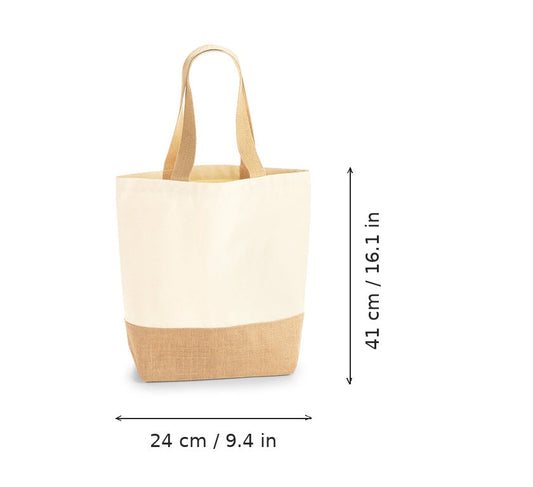 Luonnonvärinen juuttikangaskassi-shopper pohjapoimulla ja logopainatuksella, 407 g/m², 24 × 41 cm, mittakuvassa leveys ja korkeus