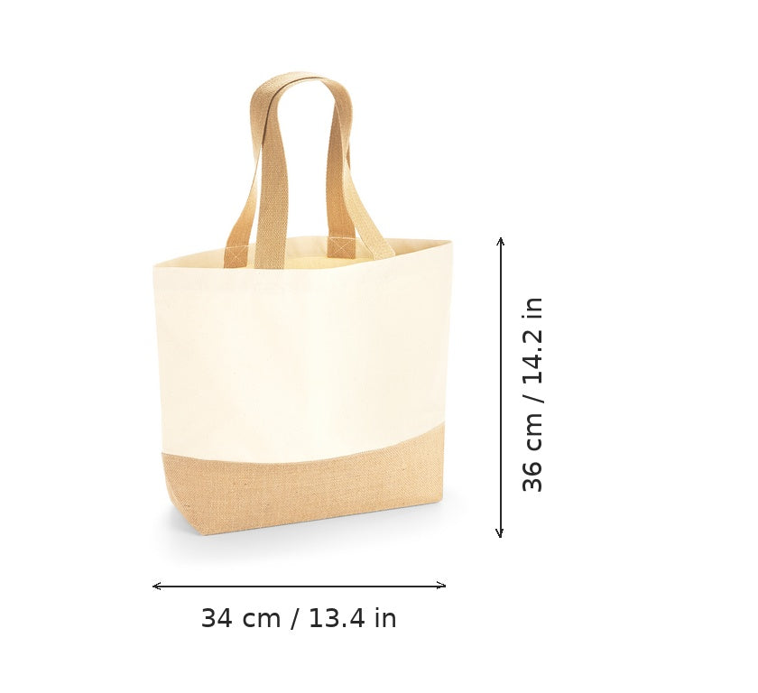 Luonnonvärinen juuttikangaskassi pohjapoimulla ja logopainatuksella, 407 g/m², 34 × 36 cm, mittakuvassa leveys ja korkeus