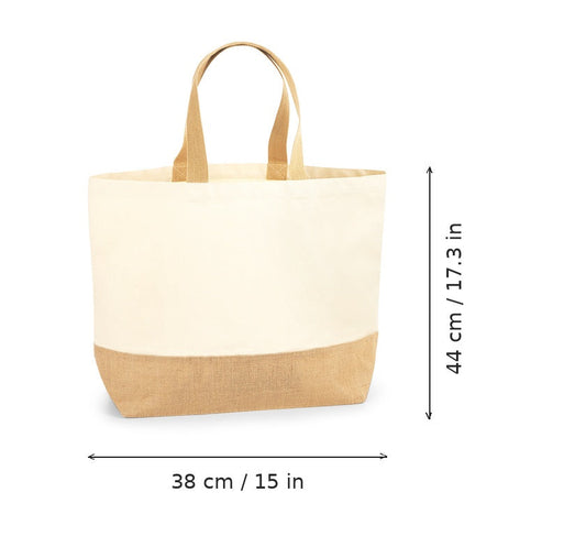 Luonnonvärinen juuttikangaskassi pohjapoimulla ja logopainatuksella, XL, 407 g/m², 38 × 44 cm, mittakuvassa leveys ja korkeus