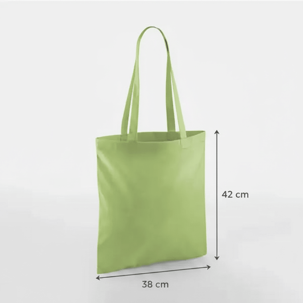 Kiwi green classic cotton tote bag with long handles and custom print, 38 × 42 cm, shown with height and width measurement markings