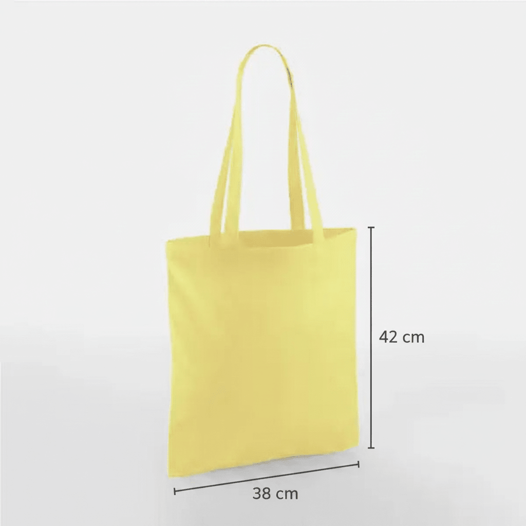 Lemon yellow classic cotton tote bag with long handles and custom print, 38 × 42 cm, shown with height and width measurement markings