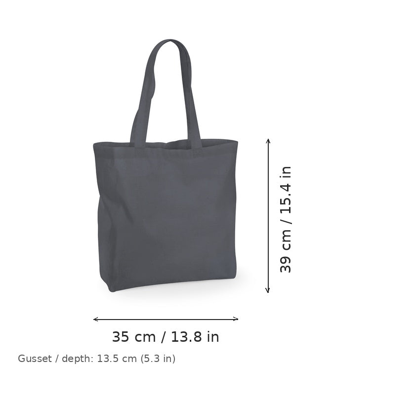 Graphite grey large gusseted cotton tote bag with logo print, 140 g/m², 35 × 39 cm with 13.5 cm gusset, shown with width and height measurement markings