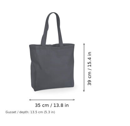 Graphite grey large gusseted cotton tote bag with logo print, 140 g/m², 35 × 39 cm with 13.5 cm gusset, shown with width and height measurement markings