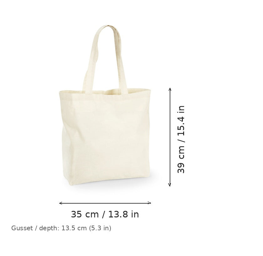Naturhvid stor mulepose med bund og sider og logotryk, 140 g/m², 35 × 39 cm med 13,5 cm kile, vist med mål for bredde og højde